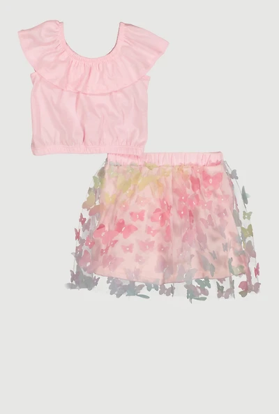 Toddler Girls Ruffle Overlay Top and Butterfly Skirt