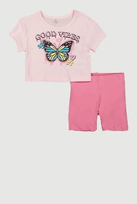 Toddler Girls Butterfly Good Vibes Tee and Shorts, Pink, Size 4T