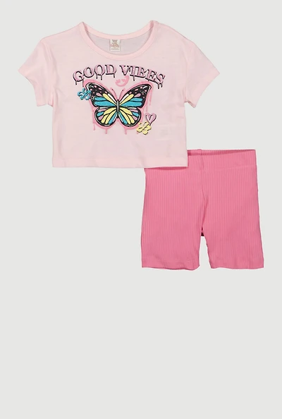 Toddler Girls Butterfly Good Vibes Tee and Shorts, Pink, Size 3T