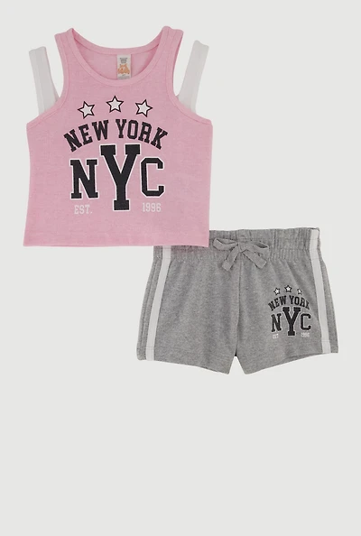Toddler Girls New York Graphic Tank Top and Sweatshorts 2 Piece Set, Pink, Size 3T