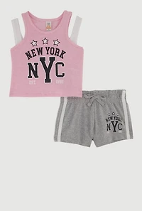 Toddler Girls New York Graphic Tank Top and Sweatshorts 2 Piece Set, Pink, Size 3T