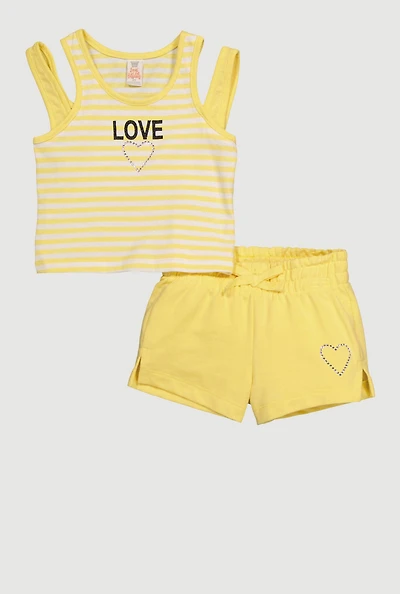 Toddler Girls Striped Love Graphic Tank Top and Shorts, Yellow, Size 4T