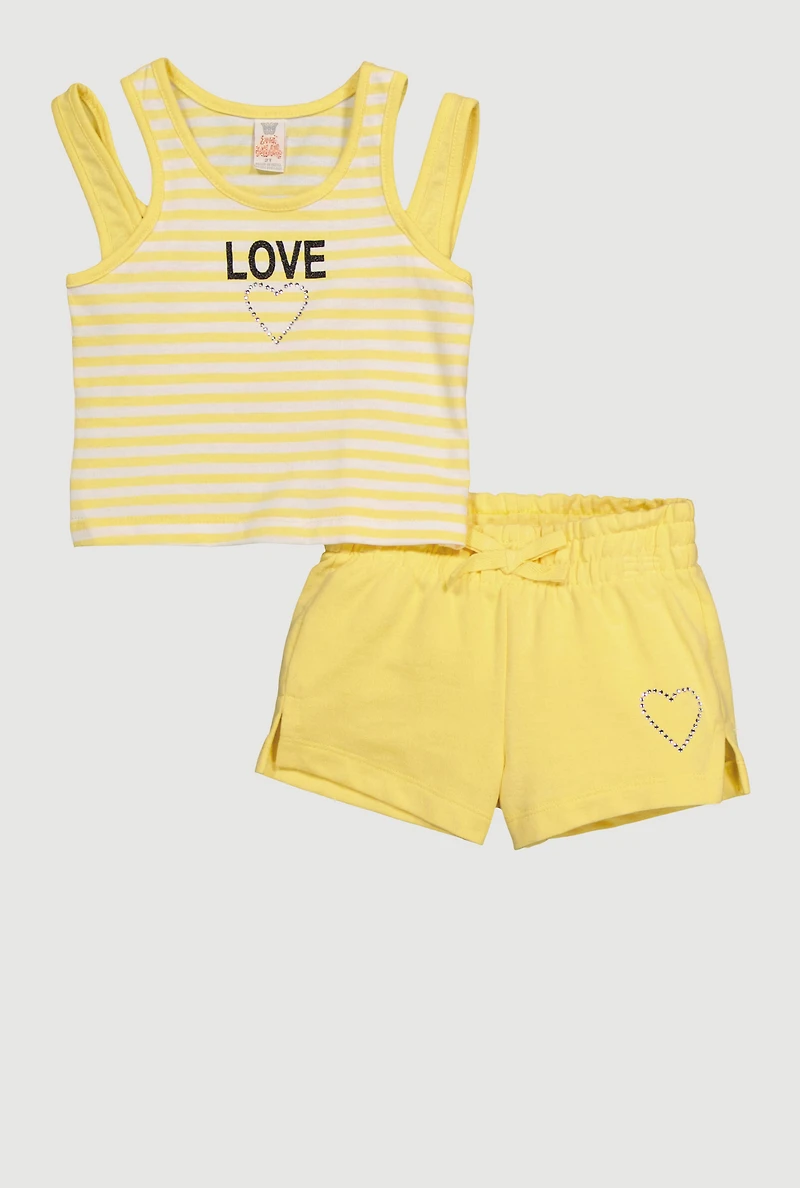 Toddler Girls Striped Love Graphic Tank Top and Shorts, Yellow,