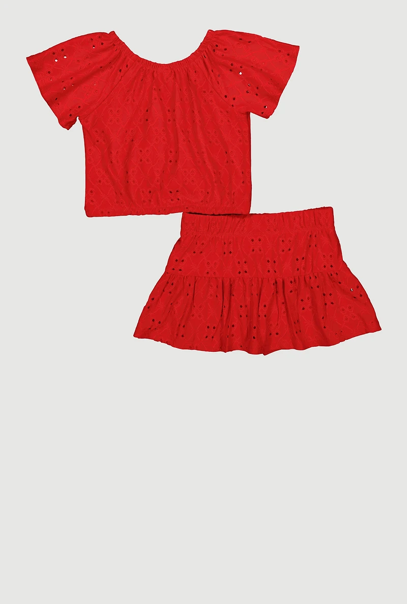 Toddler Girls Short Sleeve Eyelet Top and Ruffle Tiered Skirt