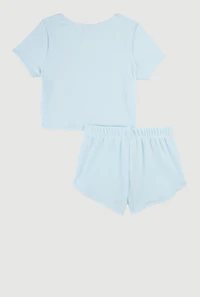 Toddler Girls Bow Detail Lace Trim Pintuck Top and Shorts, Blue, Size 2T