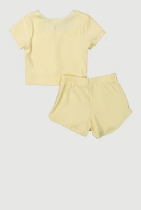 Toddler Girls Rib Knit Lace Trim Pintuck Top and Shorts, Yellow, Size 2T