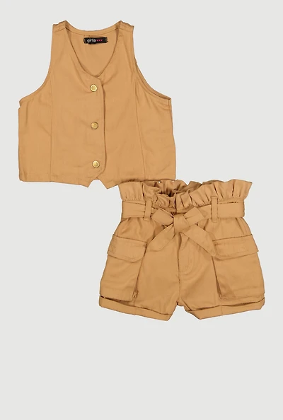 Toddler Girls Snap Button Front Vest and Cargo Shorts