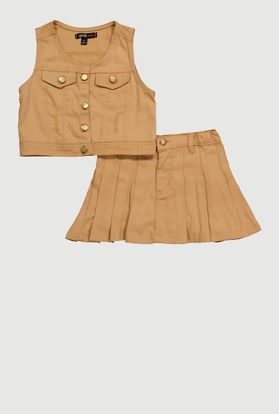 Stylish Button Front Vest and Pleated Skirt, Beige, Size 4T