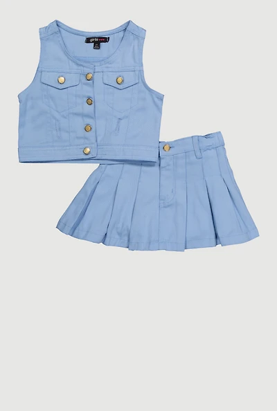 Stylish Button Front Vest and Pleated Skirt, Blue, Size 2T