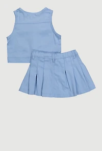 Stylish Button Front Vest and Pleated Skirt, Blue, Size 2T