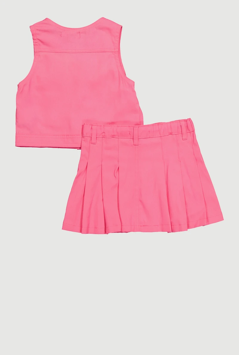 Toddler Girls Stylish Button Front Vest and Pleated Skirt, Pink, Size 3T