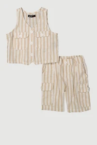 Toddler Girls Lurex Striped Vest and Cargo Bermuda Shorts, Beige, Size 2T