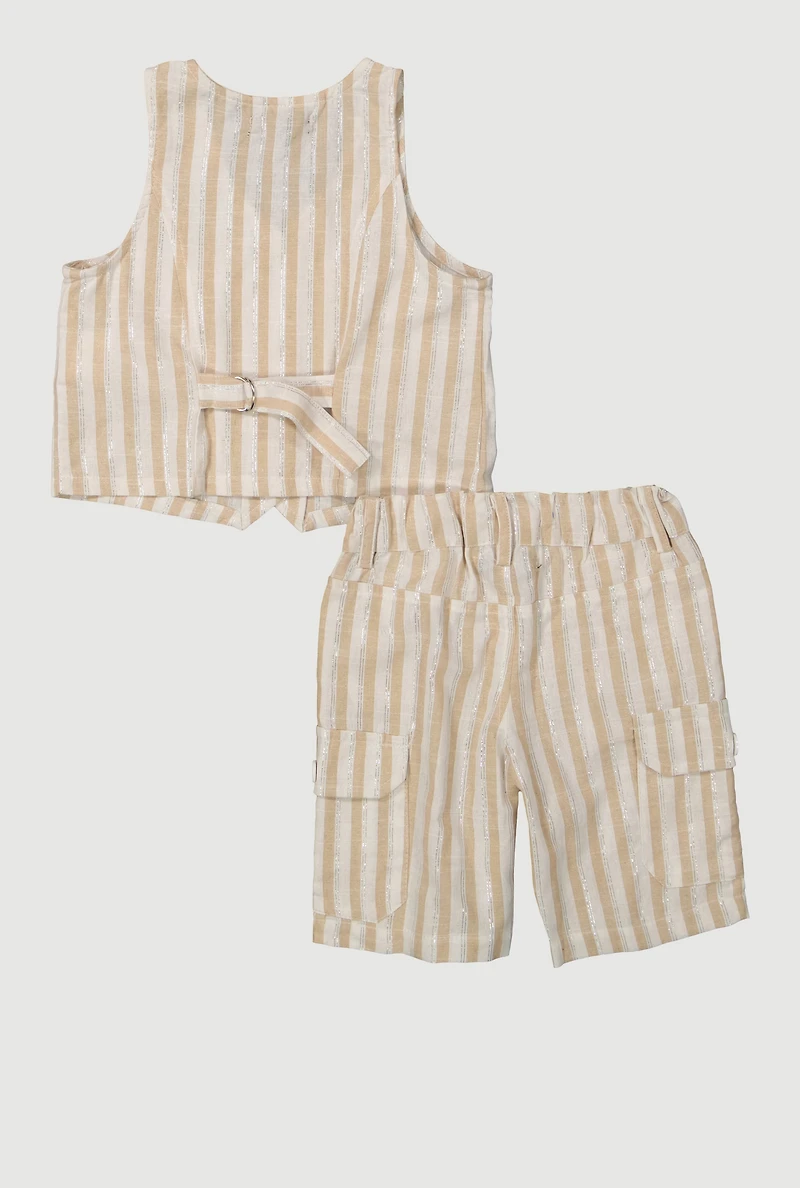 Toddler Girls Lurex Striped Vest and Cargo Bermuda Shorts, Beige, Size 2T
