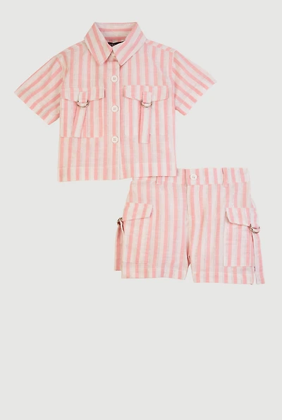 Toddler Girls Lurex Striped Shirt and Cargo Shorts, Pink, Size 2T