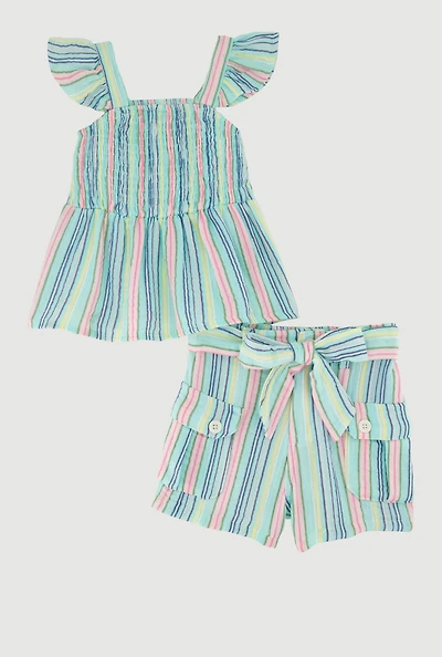 Toddler Girls Gauze Knit Ruffle Strap Top and Shorts Set, Multi, Size 3T