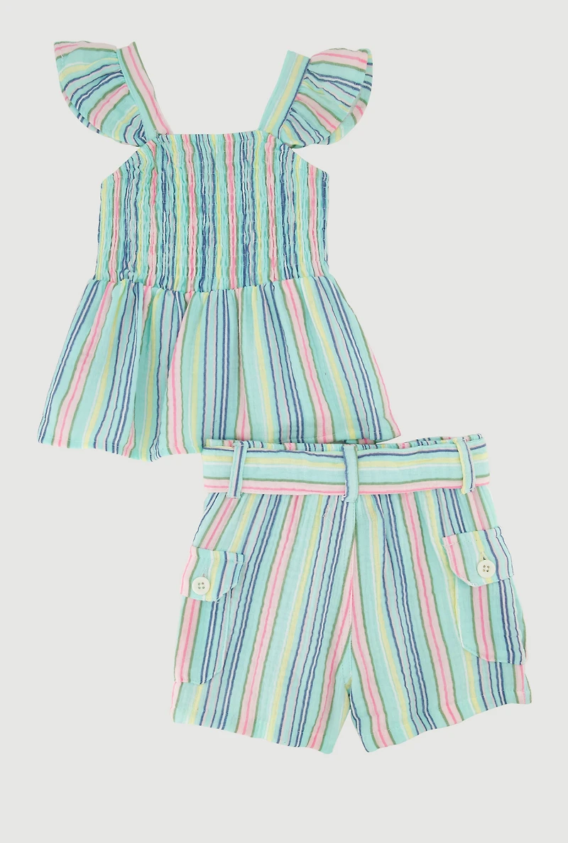 Toddler Girls Gauze Knit Ruffle Strap Top and Shorts Set, Multi, Size 4T