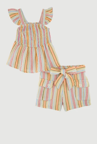 Toddler Girls Gauze Knit Ruffle Strap Top and Shorts Set, Multi, Size 2T