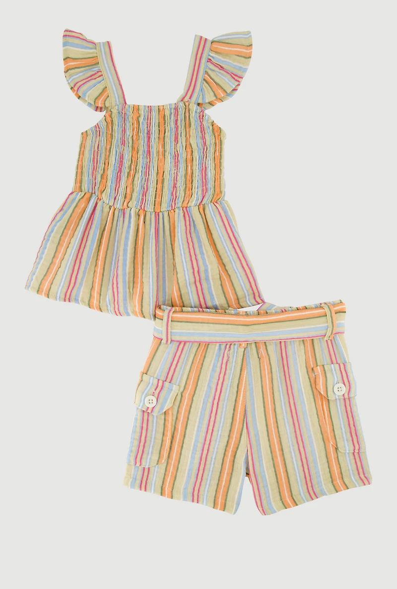 Toddler Girls Gauze Knit Ruffle Strap Top and Shorts Set, Multi, Size 2T