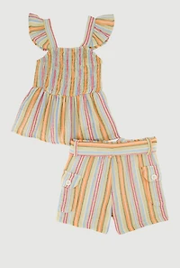 Toddler Girls Gauze Knit Ruffle Strap Top and Shorts Set, Multi, Size 2T