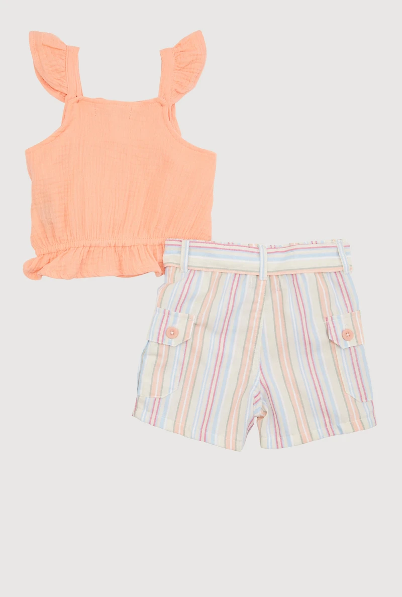 Toddler Girls Gauze Knit Ruffle Peplum Top and Striped Shorts Set, Multi,