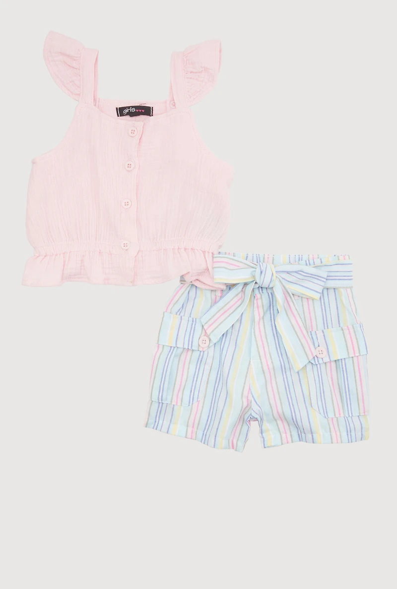 Toddler Girls Gauze Knit Ruffle Peplum Top and Striped Shorts Set