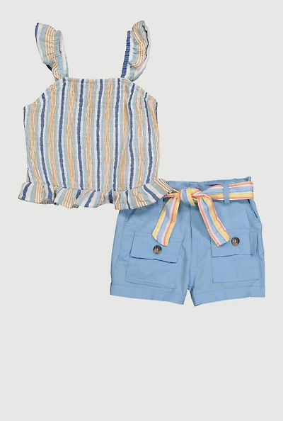 Toddler Girls Striped Peplum Top and Cargo Shorts Set, Blue, Size 2T