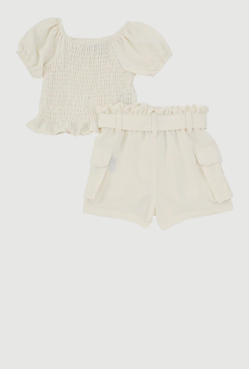Toddler Girls Smocked Peplum Top and Cargo Shorts, White,