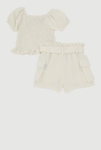 Toddler Girls Smocked Peplum Top and Cargo Shorts, White,