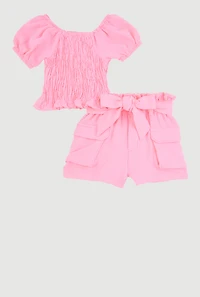 Toddler Girls Smocked Peplum Top and Cargo Shorts, Pink, Size 2T