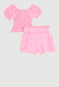 Toddler Girls Smocked Peplum Top and Cargo Shorts, Pink, Size 2T