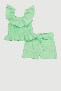 Toddler Girls Chic Crepe Knit Smocked Top and Tie Waist Belted Shorts