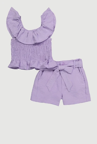 Toddler Girls Chic Crepe Knit Smocked Top and Tie Waist Belted Shorts, Purple,