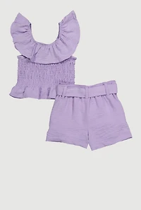 Toddler Girls Chic Crepe Knit Smocked Top and Tie Waist Belted Shorts, Purple,