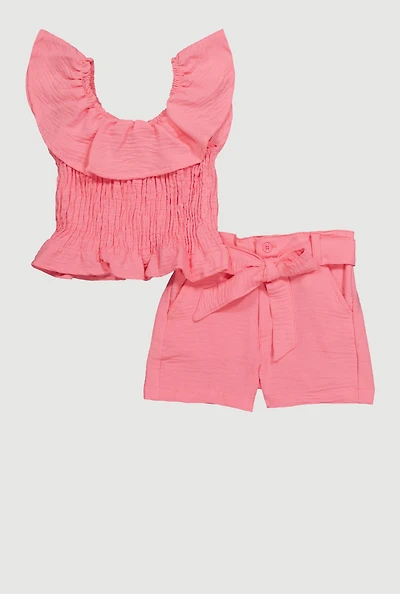 Toddler Girls Chic Crepe Knit Smocked Top and Tie Waist Belted Shorts,