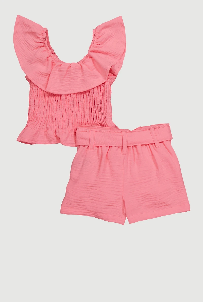 Toddler Girls Chic Crepe Knit Smocked Top and Tie Waist Belted Shorts, Pink, Size 4T