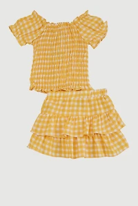 Toddler Girls Gingham Smocked Top and Ruffle Tiered Skirt
