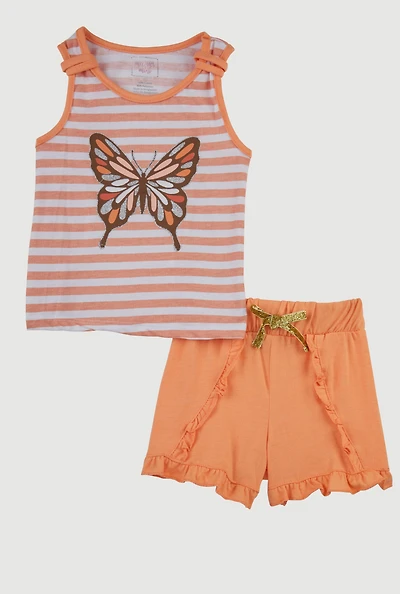 Toddler Girls Striped Butterfly Racerback Tank Top and Shorts Set, Orange, Size 3T