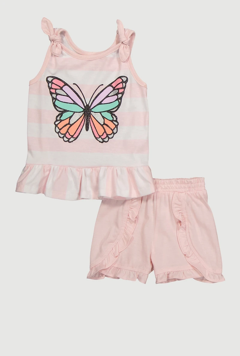 Toddler Girls Striped Glitter Butterfly Peplum Top and Ruffle Trim Shorts,