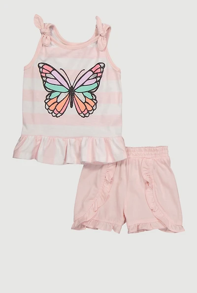 Toddler Girls Striped Glitter Butterfly Peplum Top and Ruffle Trim Shorts, Pink, Size 3T