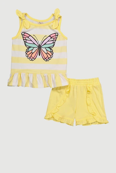Toddler Girls Striped Glitter Butterfly Peplum Top and Ruffle Trim Shorts, Yellow,