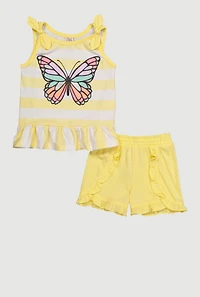 Toddler Girls Striped Glitter Butterfly Peplum Top and Ruffle Trim Shorts, Yellow,
