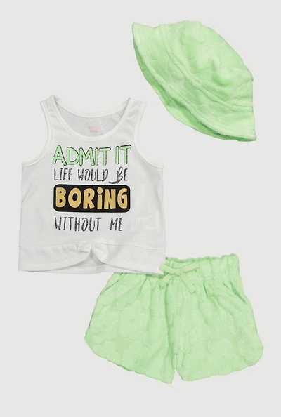 Toddler Girls Glitter Graphic Tank Top and Shorts with Bucket Hat, Green, Size 3T