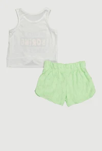 Toddler Girls Glitter Graphic Tank Top and Shorts with Bucket Hat, Green, Size 2T