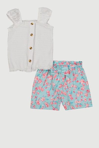 Toddler Girls Smocked Button Front Top and Linen Floral Shorts, Multi, Size 2T