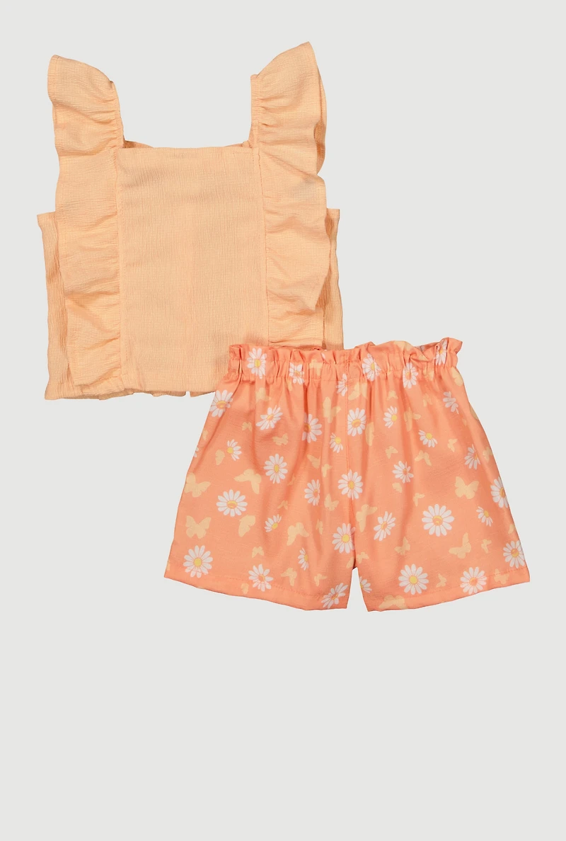 Toddler Girls Ruffle Button Front Top and Shorts, Orange,
