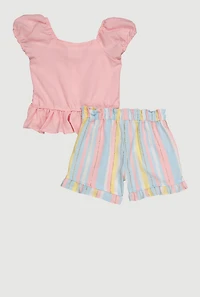 Toddler Girls Smocked Peplum Top and Stripe Shorts, Pink,