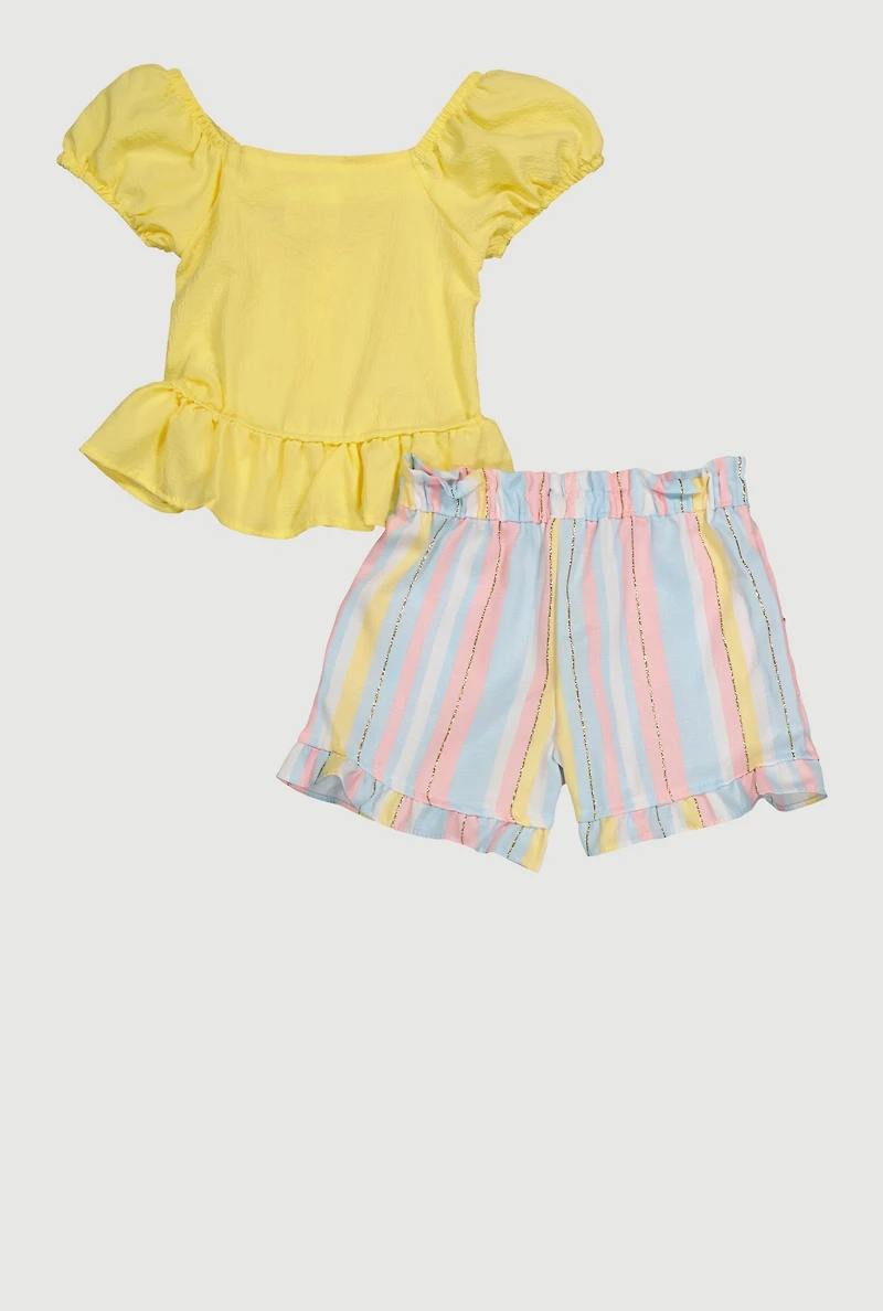 Toddler Girls Smocked Peplum Top and Lurex Stripe Shorts, Yellow, Size 2T