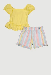 Toddler Girls Smocked Peplum Top and Lurex Stripe Shorts, Yellow, Size 2T
