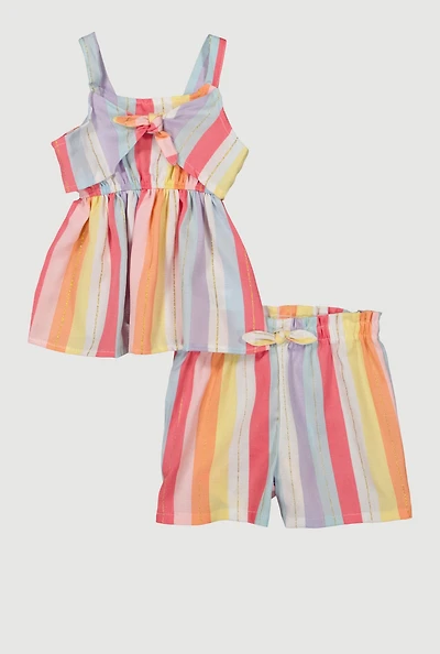 Toddler Girls Striped Tie Front Blouse and Shorts, Multi,