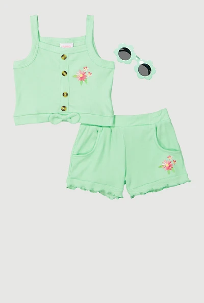Toddler Girls Flower Detail Tank Top and Shorts with Sunglasses, Green, Size 2T